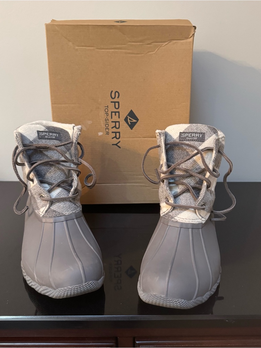 Sperry Gray and Cream Lace-Up Duck Boots